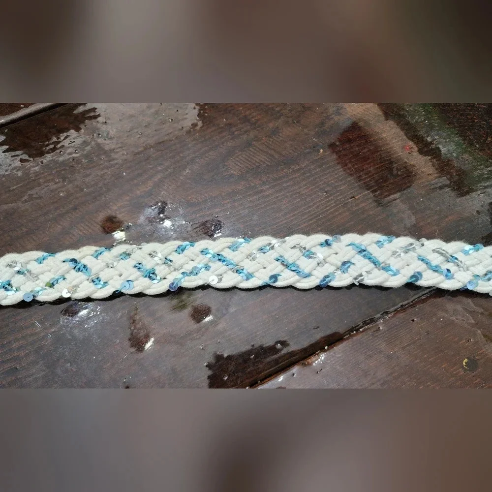 👸👖🩳 White Braided D-ring Belt with blue & silver sequins